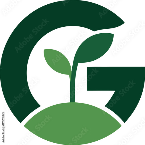 A stylized green letter G forms a circular shape encompassing a sprout growing from fertile soil.