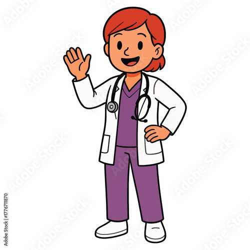 Friendly cartoon female doctor with red hair, white lab coat, purple scrubs, waving, healthcare professional