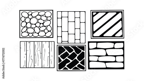 CAD Texture Patterns Collection with Stone, Pebble, Gravel, Wood, and Soil Symbols, Clean Architectural Hatch Set for Landscape Design, Floor Plans, and Technical Drawings