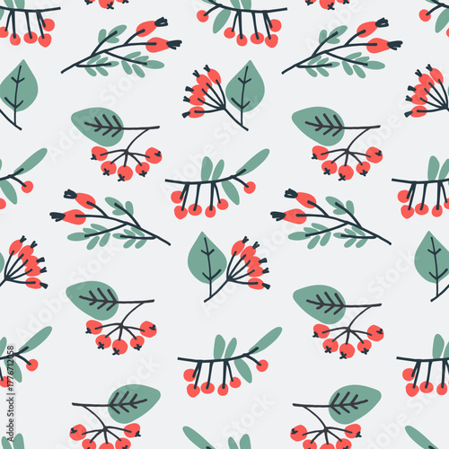 Seamless pattern with hand drawn with in Modern Folk style for winter holidays stylized bunches of currants Block Prints inspired by printmaking that uses wooden blocks to transfer repeating designs