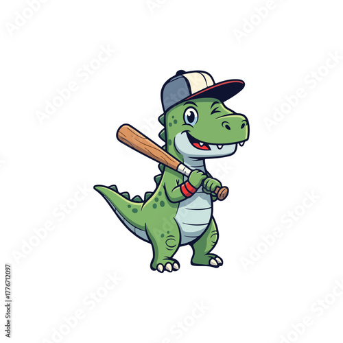 Stylized dinosaur illustration with vibrant color palette and classic font accents