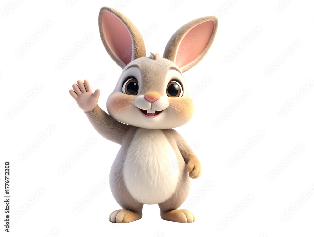 Obraz premium Cute 3D Cartoon Rabbit Standing and Waving, Front View, Isolated on White PNG 