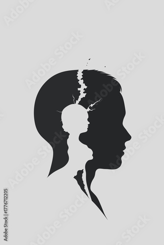 Abstract silhouette of a man with a child inside his head, symbolizing inner child, trauma, memory, and emotional healing in a minimalist conceptual mental health illustration.