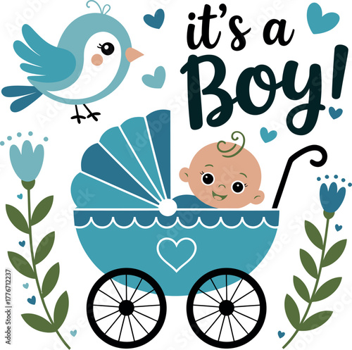 It's a boy! A sweet illustration of a baby in a stroller with a bird and flowers.