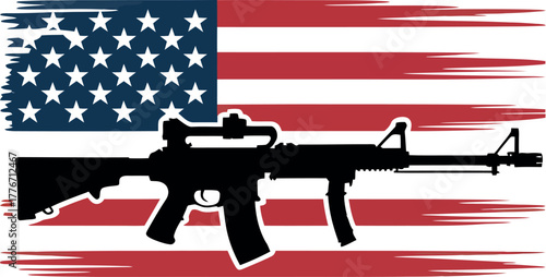 Silhouette of a rifle against the backdrop of a distressed American flag.