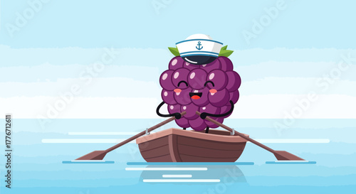 A Cheerful Blackberry Sailor Rowing a Boat Across the Serene Turquoise Waters