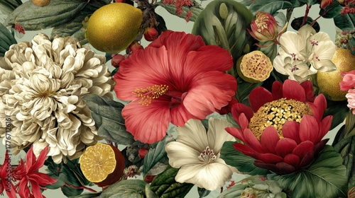vibrant flowers and fruits botanical illustration
