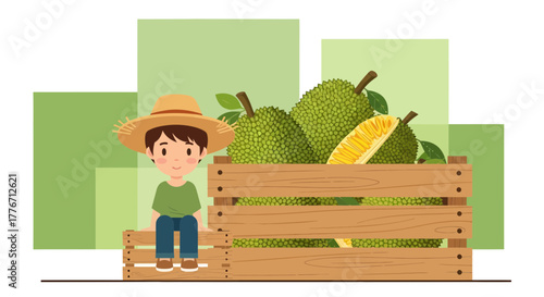 A Cheerful Farmer With Exotic Fruit Displaying Freshly Harvested Jackfruit