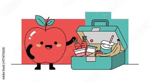 A Cheerful Lunchbox Illustration Featuring A Cartoon Apple And A Colorful Selection of Foods