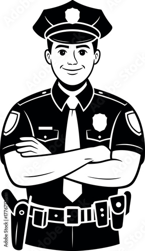 A smiling police officer stands with crossed arms, wearing a uniform and badge.