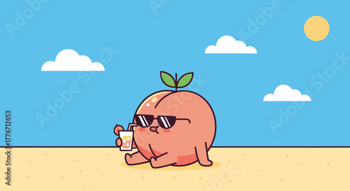 A Cool Peach Enjoying a Refreshing Drink on a Sunny Beach Day Illustration