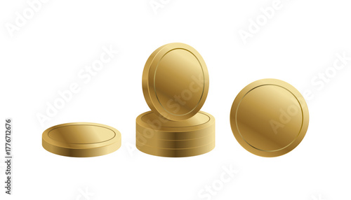 Six shiny golden coins presented in various arrangements, illustration symbolizes wealth, finance, currency, and treasure, suitable for business, gaming, and economic concepts.