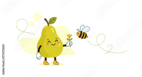 A Friendly Pear Offers a Flower to a Cheerful, Honey-Gathering Bee Illustration
