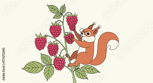 A Playful Squirrel Harvests Ripe Raspberries From A Bush Against A Creamy Off White Backdrop