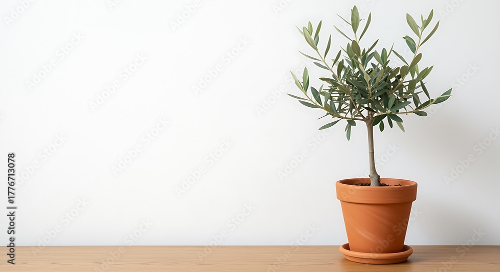 Fototapeta premium Small potted olive tree with green leaves on a wooden surface potted plant terracotta pot