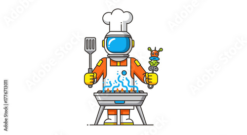 Astronaut Chef Grilling Alien Kebabs on a Barbecue in a Cosmic Culinary Adventure