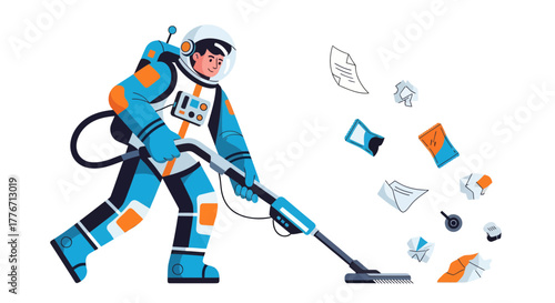Astronaut Cleaning Workspace with Futuristic Vacuum, Space Sanitation and Technological Imagery
