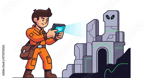 Agent Uses Technology To Investigate Mysterious Ancient Monument In A Futuristic Scenario