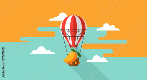 Airborne Mango Ascends Above A Landscape Of Dreamlike Hues In Flat Design Illustration
