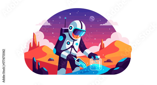 Astronaut Collecting Samples On An Alien Planet With A Colorful Background
