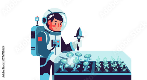 Astronaut Cultivating Galactic Produce In Interior Horticultural Garden On White Background