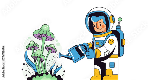 Astronaut Cultivating Psychedelic Fungi In A Whimsical And Surreal Illustration