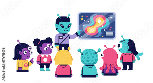 Alien Professor Teaching Students About The Cosmos In Colorful And Modern Illustration