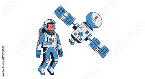 Astronaut Explores Space Near Satellite in A Modern Flat-Style Illustration