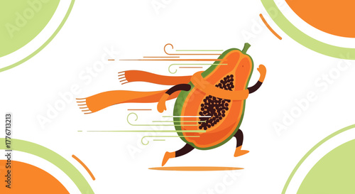 Animated Papaya Character Racing Forward Wearing Cozy Scarf in Playful Illustration