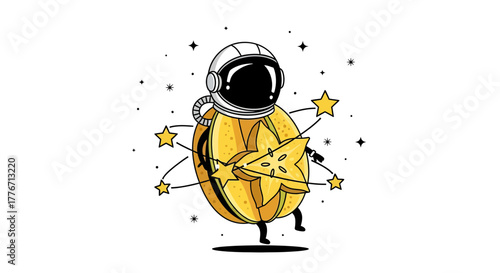 Astronaut Explores Space While Embracing a Starfruit in a Playful Cartoon Fashion