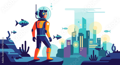 Astronaut Explores Underwater Metropolis, Witnessing Aquatic Civilization in Vibrant Colors