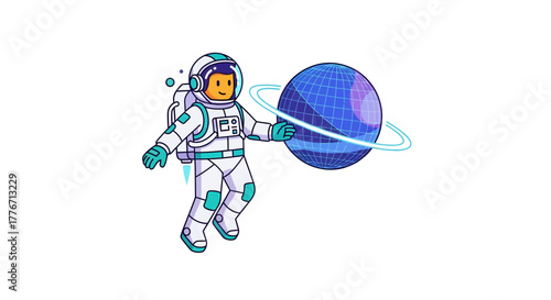 Astronaut Exploring a Galactic Planet with Futuristic Suit and Orbital Rings