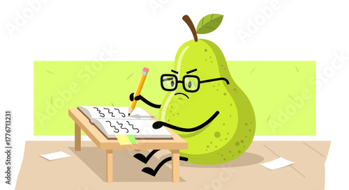 Animated Pear Character Studies, Writes on Desk, Conceptual Cartoon Illustration Design