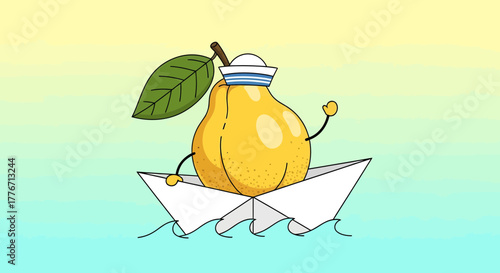 Animated Pear Sailor Sailing The Paper Boat Across The Sea With A Leaf And Hat