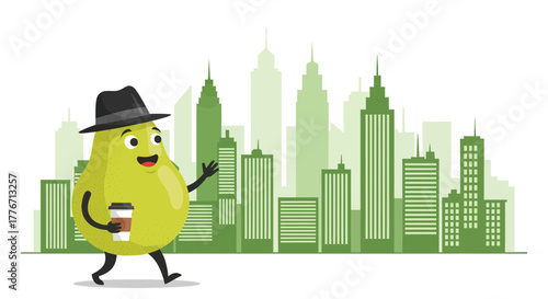 Animated Pear Tourist, Sipping Coffee And Exploring A Metropolis, Cartoon Illustration