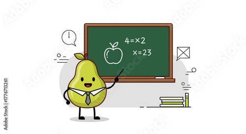 Animated Professor Pear Teaching Mathematical Equations With Blackboard And Chalk