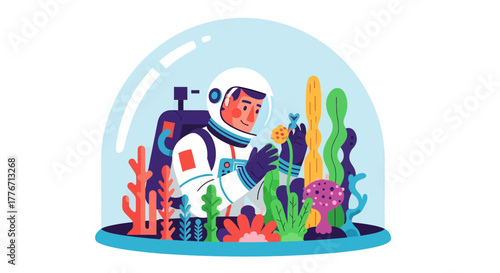 Astronaut Exploring Alien Flora Inside A Futuristic Bubble, Discovering New Life