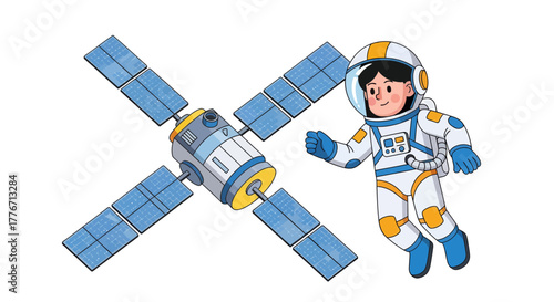 Astronaut Exploring Deep Space Near Spacecraft, Adventure, and Space Exploration Concept