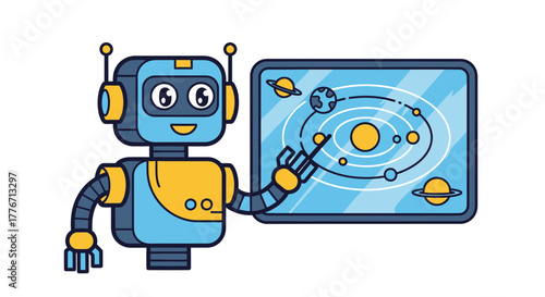 Animated Robot Showcasing Solar System on Digital Screen for Educational Purposes