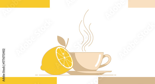 Aromatic Lemon Tea, Inviting Illustration Of Tea Cup And Freshly Cut Lemon