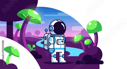 Astronaut Exploring Strange Alien Landscape With Giant Green Bioluminescent Fungi