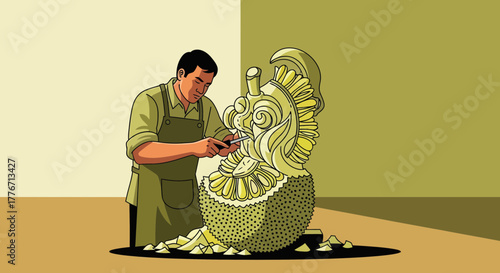 Artisan Crafting Exquisite Fruit Sculpture Demonstrating Skill and Precision Intricately