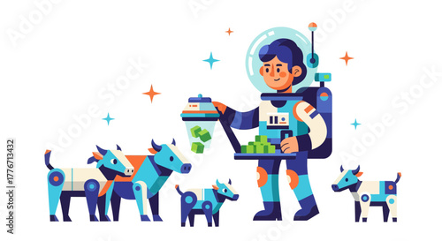 Astronaut Feeding Cows: Cartoon Illustration, Futuristic Concept, And Modern Vector Art
