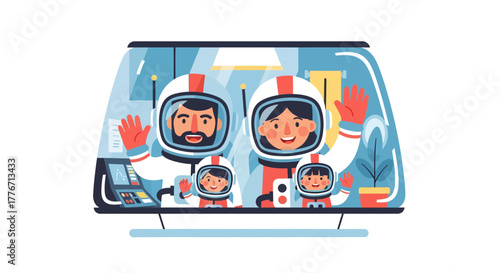 Astronaut Family Traveling Through Space in a Bright and Joyful Illustration