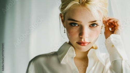 A woman with blonde hair and blue eyes is wearing a white shirt and looking at the camera. She has a small nose and is wearing earrings