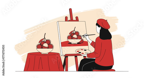 Artist Creating a Still Life Painting of Exotic Fruit Bowl on Canvas Artwork