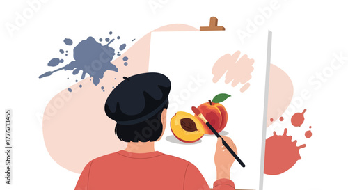 Artist Painting a Peach with Vibrant Colors on Canvas with Artistic Splashes and Beret