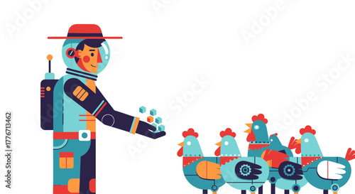 Astronaut Feeding Futuristic Mechanical Chickens Cartoon Illustration with Cubes