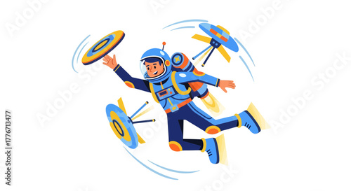 Astronaut Floating And Playing With Futuristic Flying Objects In The Cosmos
