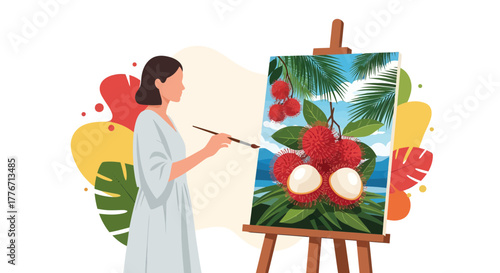 Artist Painting Exotic Rambutan Fruit Artwork on Canvas Depicting a Tropical Paradise